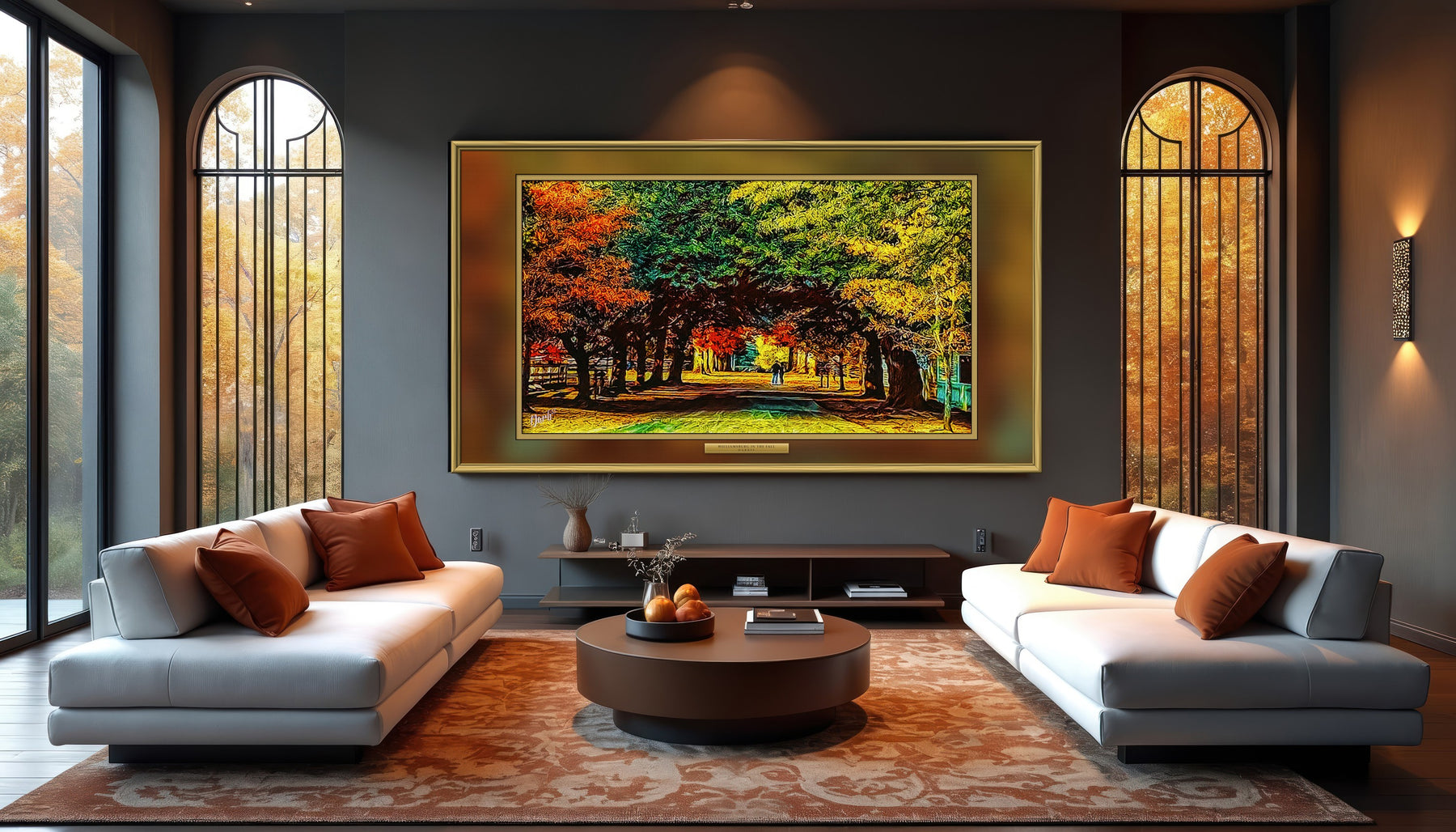 Williamsburg In The Fall, framed, above a living room with arched windows