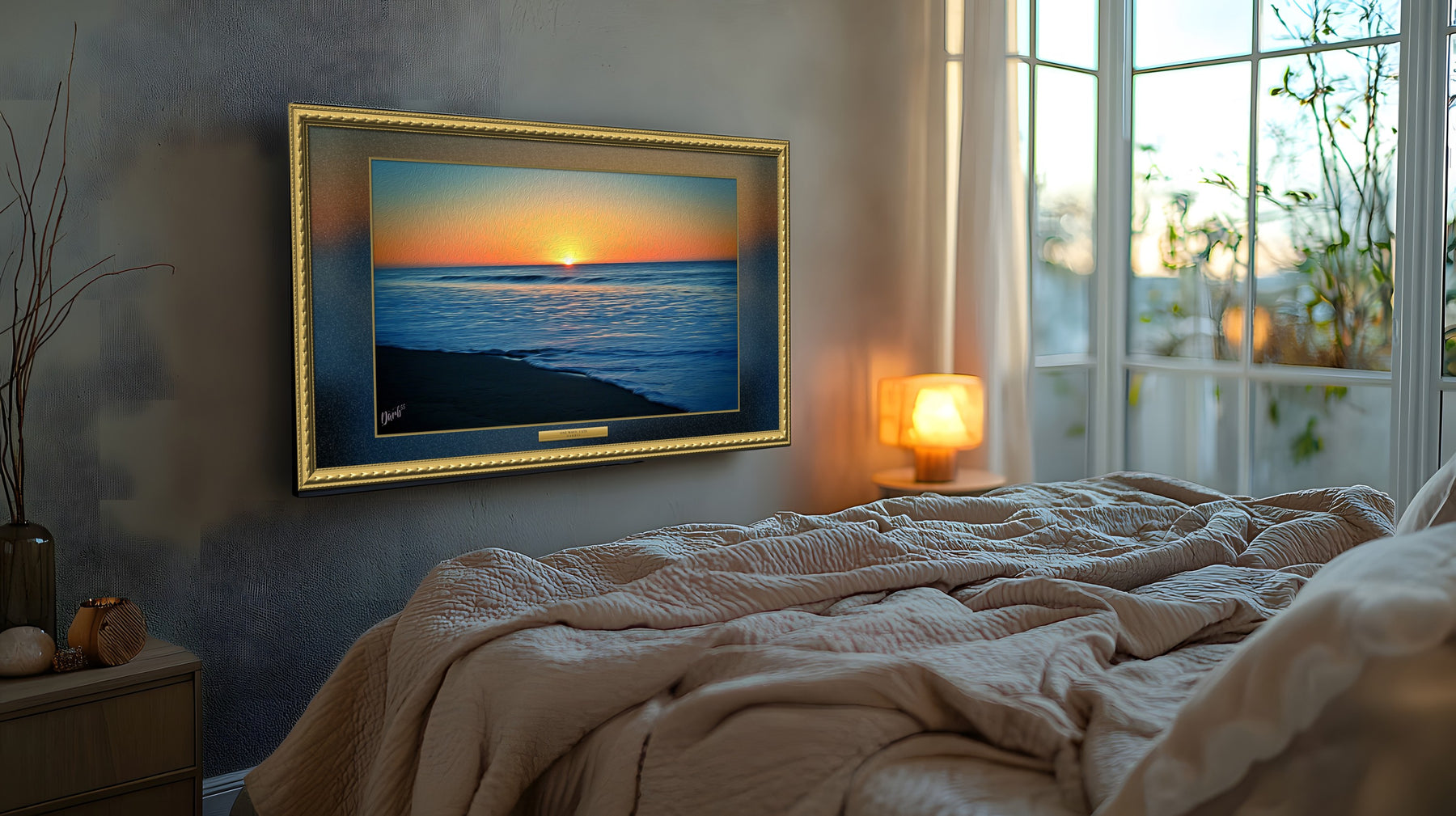 One Wave, Late, framed, on a bedroom wall beside a window