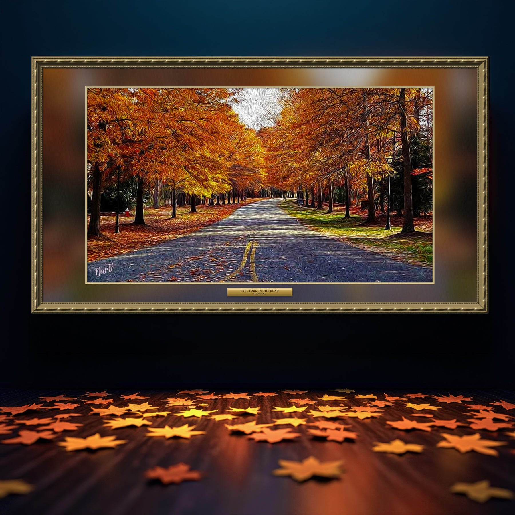 Fall Fork In The Road, framed, on a dark wall with autumn leaves on the floor