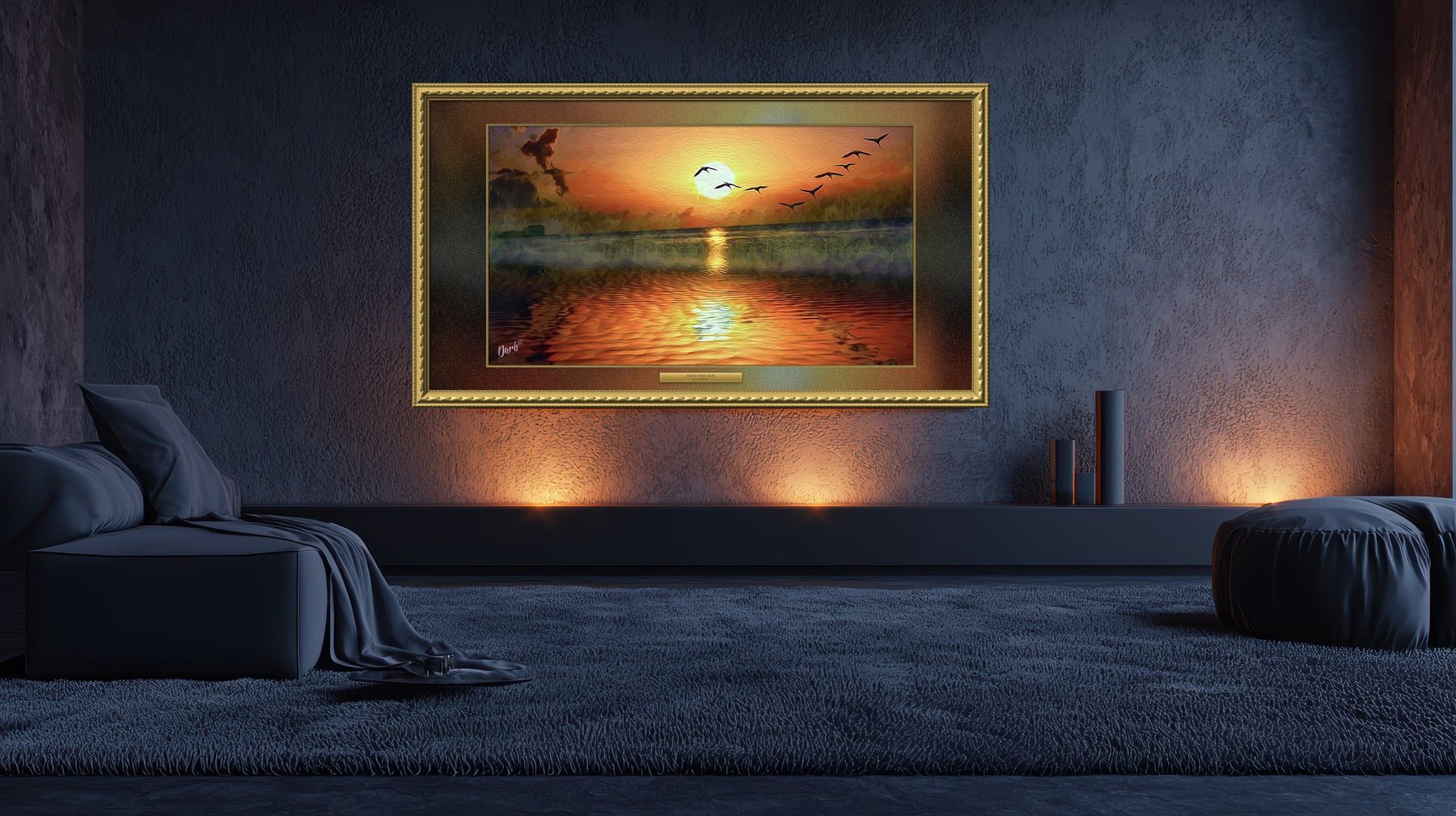 Into the Sun, framed, glowing on the wall of a dark lounge